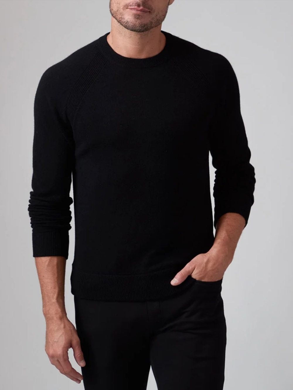 RAFFI The Lonnie Men's Black Crewneck Cashmere Sweater Raglan Sleeve Minimal LG